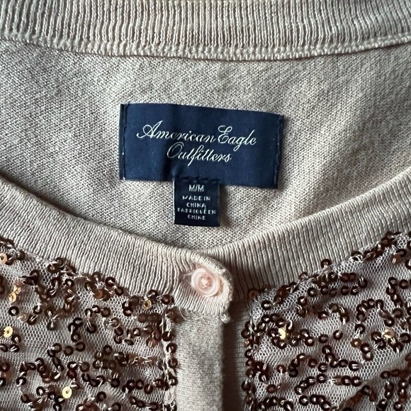 AMERICAN EAGLE OUTFITTERS Rose Gold Sequin Cardigan 3/4 Sleeve Medium Sweater - Picture 11 of 12